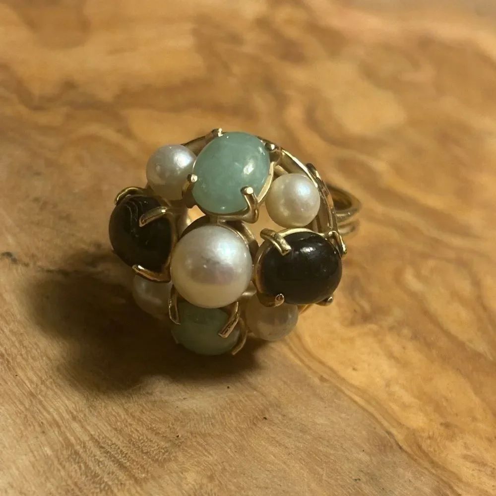 Vintage 14K Gold Jade & Pearl & Onyx Cluster Ring (Ming's?)